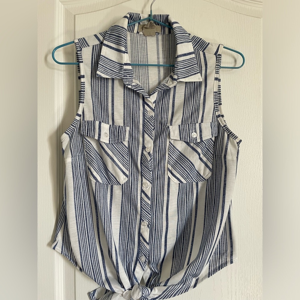 Blue/White Stripe Button Down Tie Front Tank Top